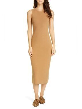 Jenny Kayne Sleeveless Cotton & Cashmere Ribbed Knit Maxi Sweater Dress Camel M